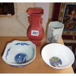 A Chinese 'Cai Red' thin porcelain vase, a Famille Rose bowl and two other Chinese porcelain items