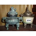 Chinese bronze and hardstone censer with Guanyin finial, stamp on base and a similar with lion dog