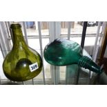 18th c. green glass onion wine bottle and a Persian blue glass flask/bottle