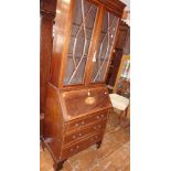 Edwardian inlaid mahogany bureau bookcase with swan necked pediment and astragal glazed top