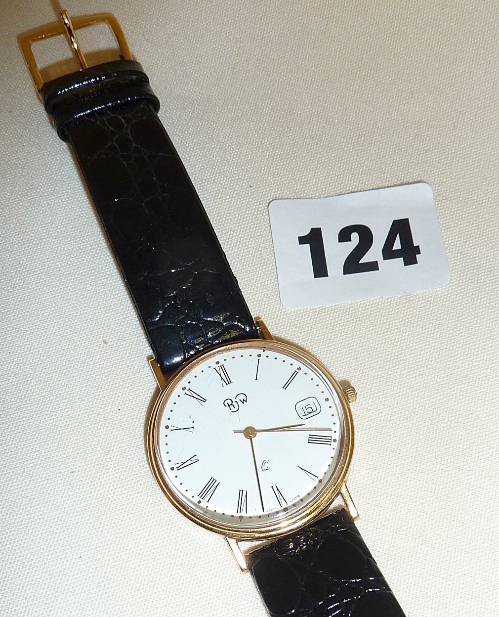 9ct gold gentleman's wrist watch with leather strap by RJW