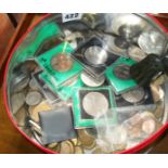 Tin containing mainly British coins, crowns, etc.