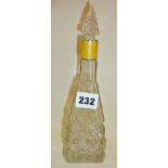 Tall cut glass scent bottle with yellow guilloche enamel collar