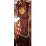 19th c. 8 day Grandfather clock in oak case having circular brass dial with swan neck top, made by