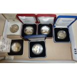 Six silver proof crown and five pound coins in cases with COA's - 1996 Alderney £5; 1996 Queen