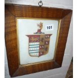 19th c. hand painted coat of arms of Sherwood in oak frame
