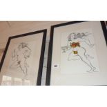 Pair of pen and inks of a Bacchanalian Adam & Eve with colour photo montage of apples, signed O'