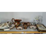 Two Victorian lustre jugs, a Portuguese tin-glazed wine jug and other items