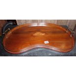 Edwardian inlaid mahogany kidney shaped Butlers tray with gallery and two brass handles