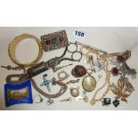 Assorted costume jewellery, some silver and scrap, silver and gold plated cufflinks, etc.