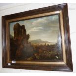 18th c. Grand Tour oil painting on panel of an Italian rocky outcrop overlooking a river and