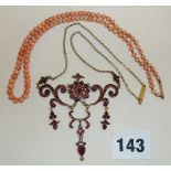 Antique Victorian Bohemian gold? garnet or ruby necklace, and another with pink coral beads