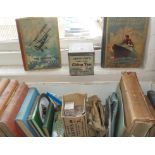 Assorted books, drawing instruments, old tins etc, and a quantity of boxed lamp mantles