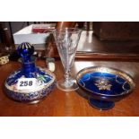 Hand painted Bohemian style blue glass scent bottle and two other items