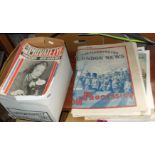 Box of vintage Private Eye magazines, and early 20th c. copies of the Illustrated London News