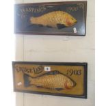 Two painted wood relief fish panels