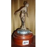 Chrome car mascot lady figure mounted on radiator cap and a turned mahogany stand