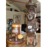 Tribal Art - carved African figure together with a treen turned ebony tobacco box and ashtray