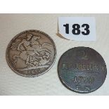 Russian Paul I copper coin 2 Kopecks 1799 and a Victorian silver crown 1891