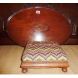 Edwardian oval inlaid mahogany Butlers tray and footstool with tapestry seat