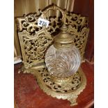 Victorian heavy brass inkwell on ornate brass stand with letter rack stamped T & T for Townshend &