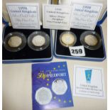 Royal Mint: Two cased silver proof Piedfort 2 coin sets, one £2 coin and three 50 pences, with