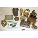 Box of Chinese and other metalware inc. bronze animal figure on wooden stand, small bronze lidded