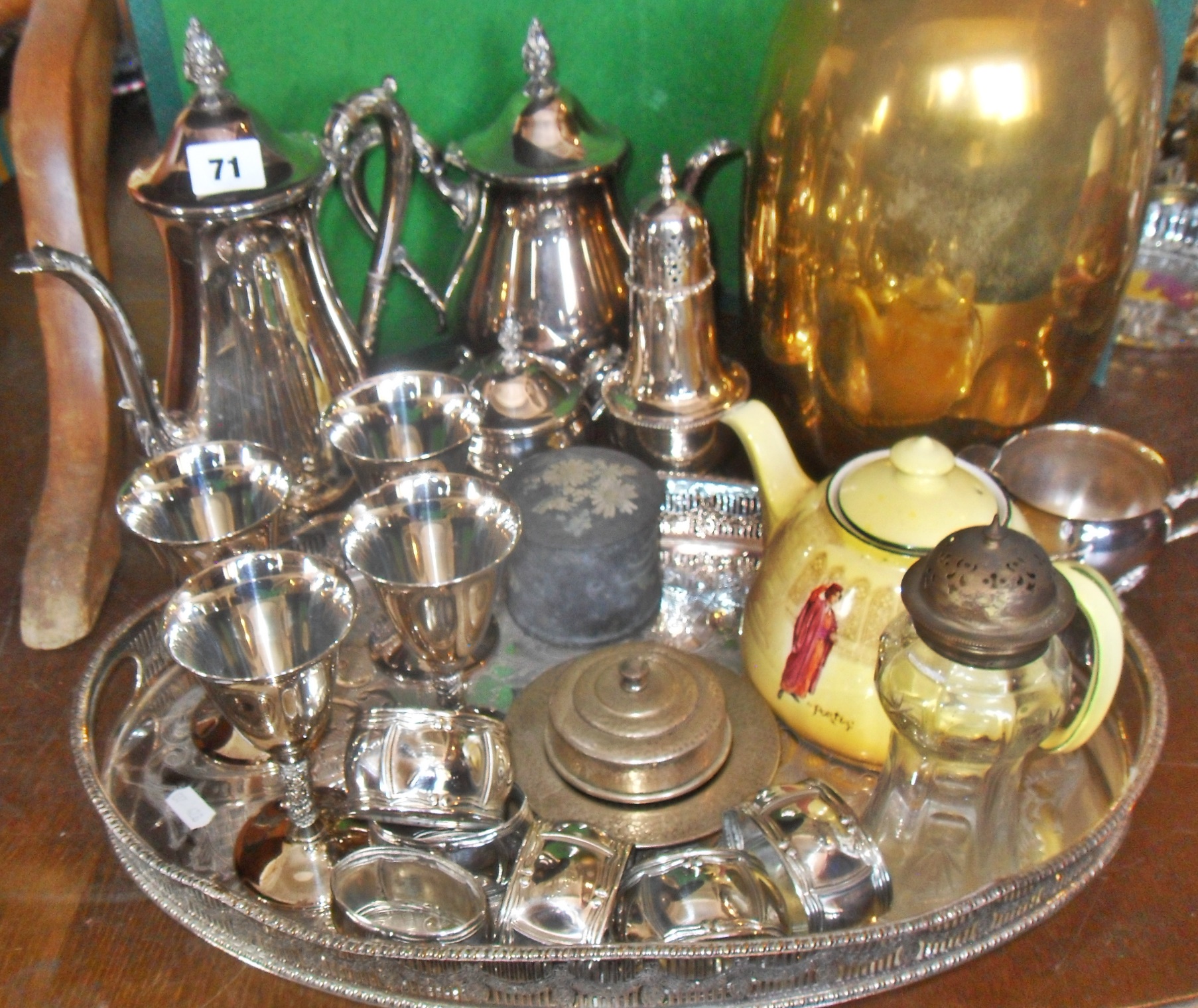 Silver plated tea set, tray etc.