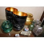 Large glass inkwell, lacquered bowls, millefiori paperweight, other glass inkwells, etc.