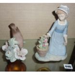 Nao Lladro bird with ladybird and lady with flowers figures