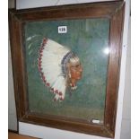 Unusual bas relief framed sculpture portrait of a Native American warrior with feather headdress