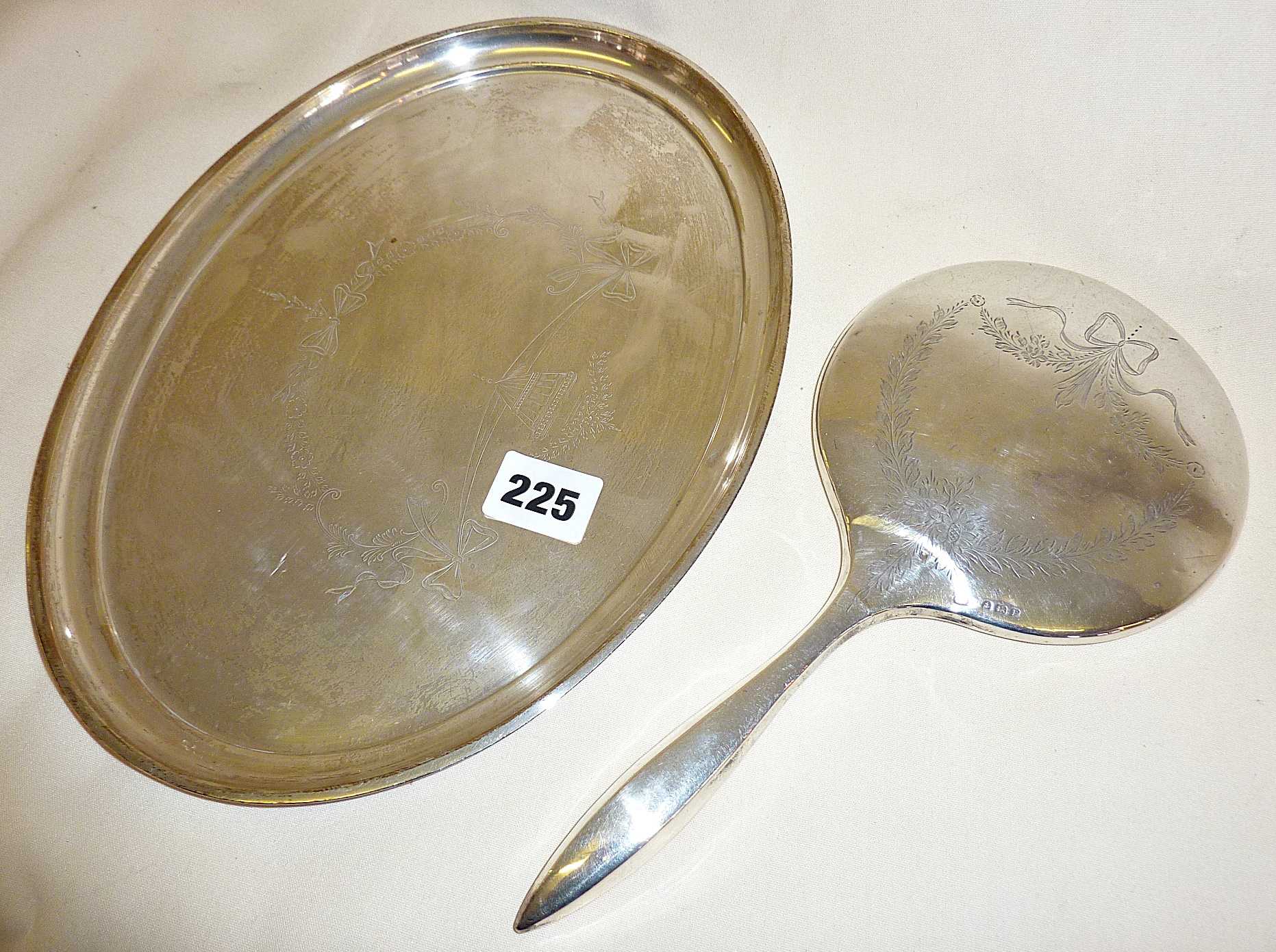 Hallmarked oval silver tray - Birmingham 1916 by Synyer & Beddoes together with a silver backed hand