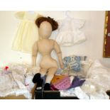 Large soft doll and two big boxes of assorted dolls clothes