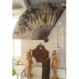 Chinese carved bamboo 'brush pot' (A/F), a Chinese carved wood wall plaque, a large Chinese fan