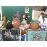 Replica miners lamp, lacquer boxes, assorted pottery jugs and two Indian paintings on silk, etc.