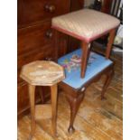Mahogany stool on cabriole legs with tapestry seat, another stool and a small wine table
