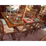 Large oak refectory table with three plank top, pastry board ends and "H" stretcher, 7'6" long x