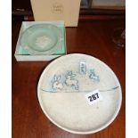 Oriental blue and white crackle ware dish with rabbits decoration together with a pale green