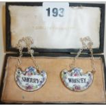 Antique enamel spirit or decanter labels in case - T. Goode & Co., Sherry and Whiskey