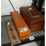 Victorian mahogany tea caddy box, cribbage board and set of dominoes