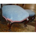 Victorian upholstered footstool on carved cabriole legs and similar circular footstool