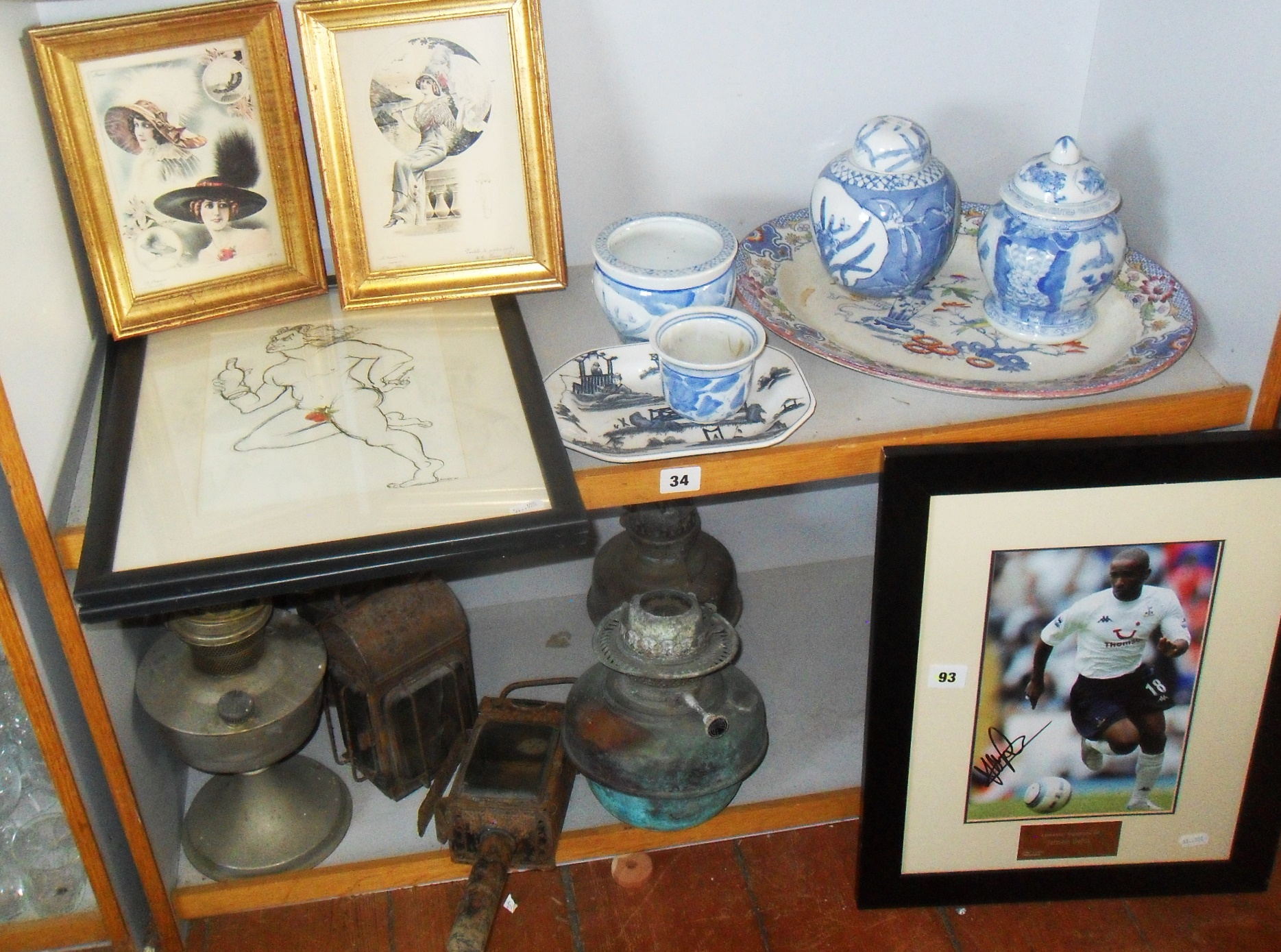 Chinese blue and white ginger jars, two fashion prints and signed photograph of footballer Jermain