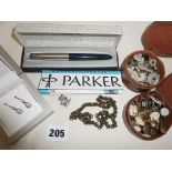 Parker 51 fountain pen in case (clip broken). Two leather cases full of gents studs, cufflinks, etc.