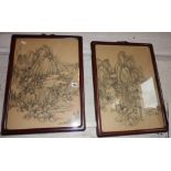 Pair of Oriental framed watercolour drawings, signed, in rosewood frames