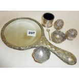 Repousse silver hand mirror, Indian silver salts and pepper pots, hallmarked silver salt with blue