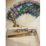 Antique ivory fans (one Chinese), scrap silver, silver parasol handle, etc.