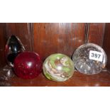 Four glass paperweights - one possible Whitefriars