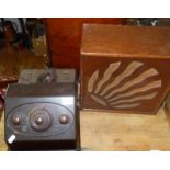 Pye 232 bakelite radio c. 1928, with wooden Ormond "Sunburst" speaker and a Regent tone mains unit