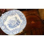Blue and white transfer printed meat platter with gravy well, "Abbey" pattern and an Edwardian