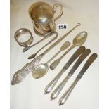 Assorted hallmarked silver, mustard pot, teaspoons, silver handled knives, button hook etc.